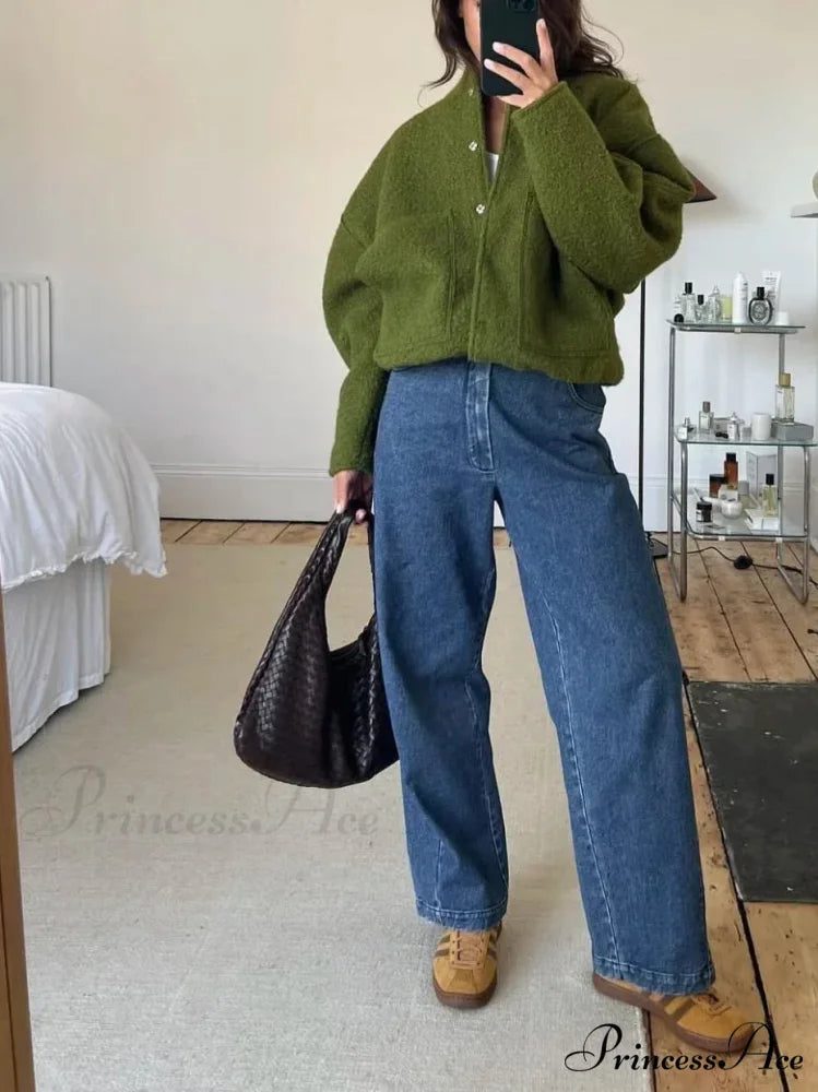 Informal Gray Cozy Baseball Jacket Overcoat Green / S overcoats-241228