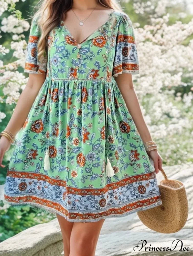 Informal Holiday Flower Pattern V-neck Short Sleeve Sundress Green / S oldfloraldress-250126