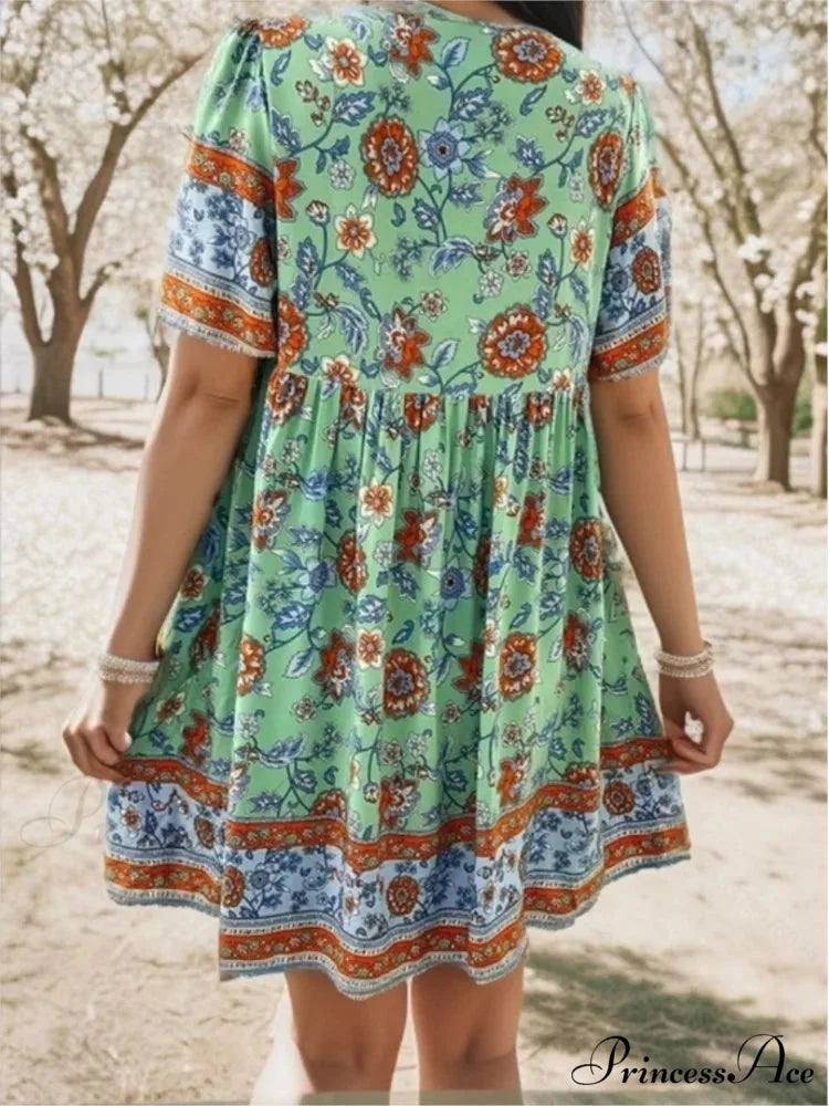 Informal Holiday Flower Pattern V-neck Short Sleeve Sundress oldfloraldress-250126