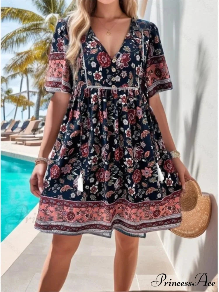 Informal Holiday Flower Pattern V-neck Short Sleeve Sundress oldfloraldress-250126