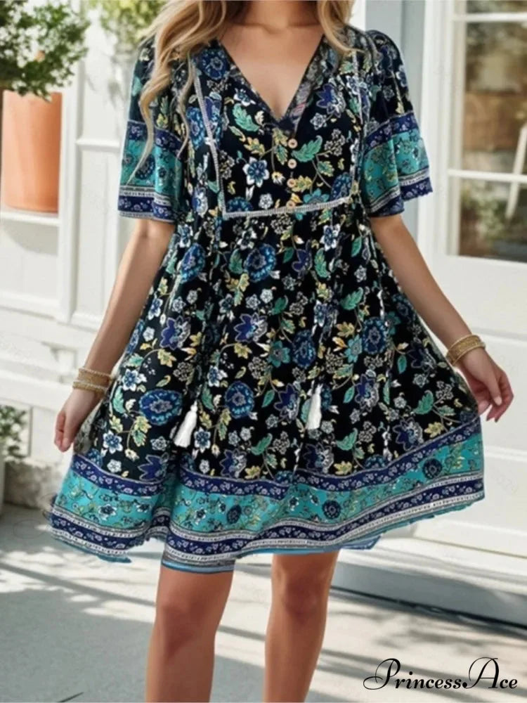 Informal Holiday Flower Pattern V-neck Short Sleeve Sundress oldfloraldress-250126