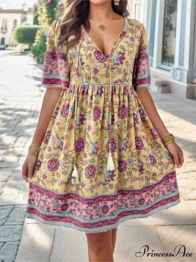 Informal Holiday Flower Pattern V-neck Short Sleeve Sundress oldfloraldress-250126