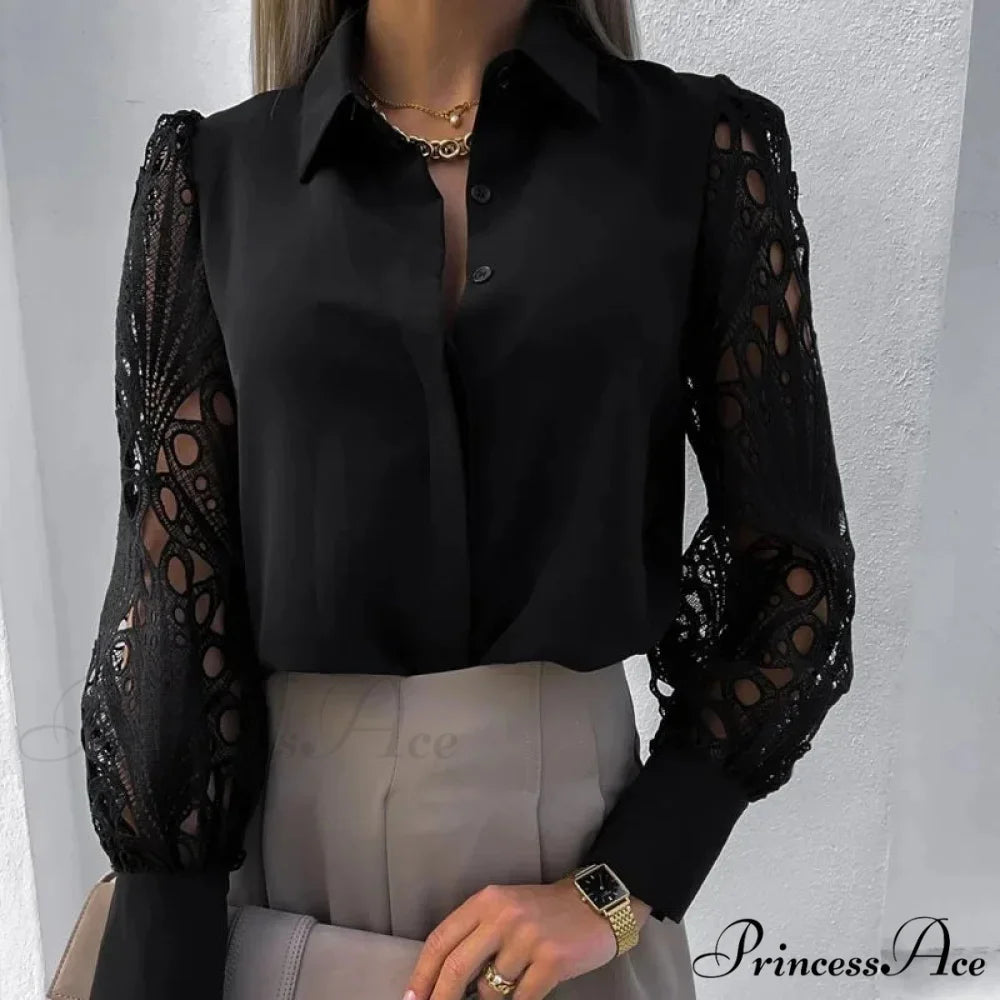 Informal Ivory Lace Hollowed-out Button Shirt Black / S blouse-250126