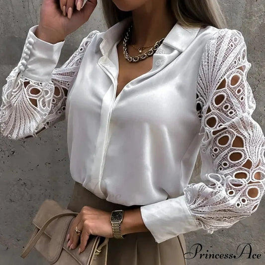 Informal Ivory Lace Hollowed-out Button Shirt blouse-250126