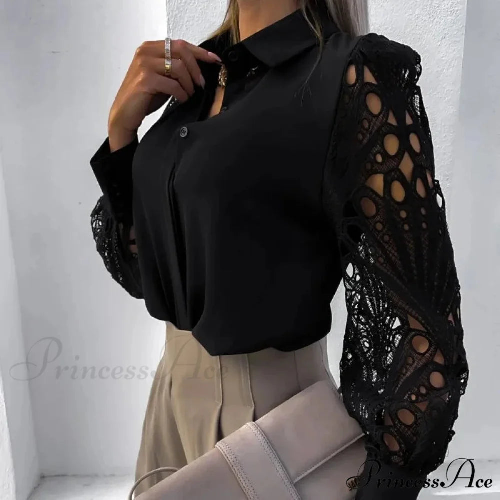 Informal Ivory Lace Hollowed-out Button Shirt blouse-250126