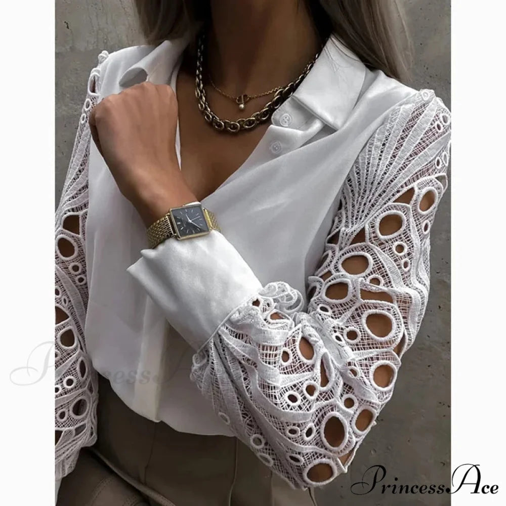 Informal Ivory Lace Hollowed-out Button Shirt blouse-250126