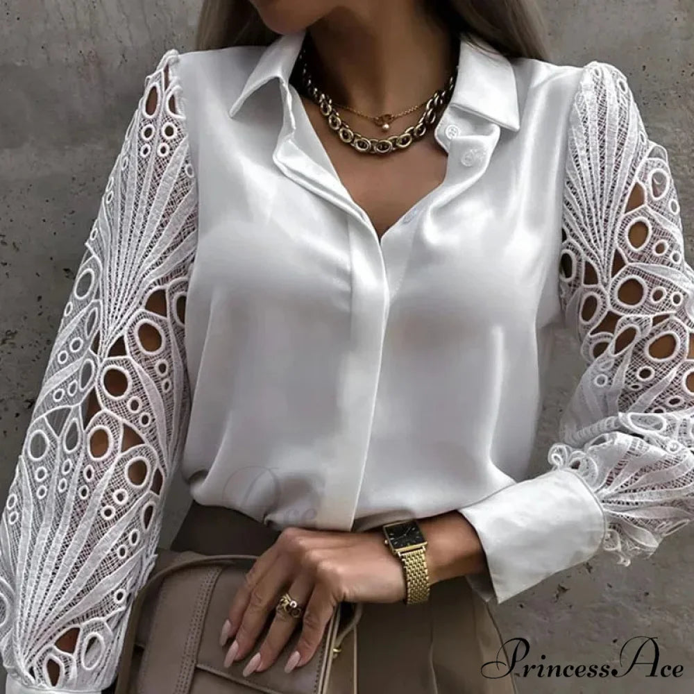 Informal Ivory Lace Hollowed-out Button Shirt WHITE / S blouse-250126
