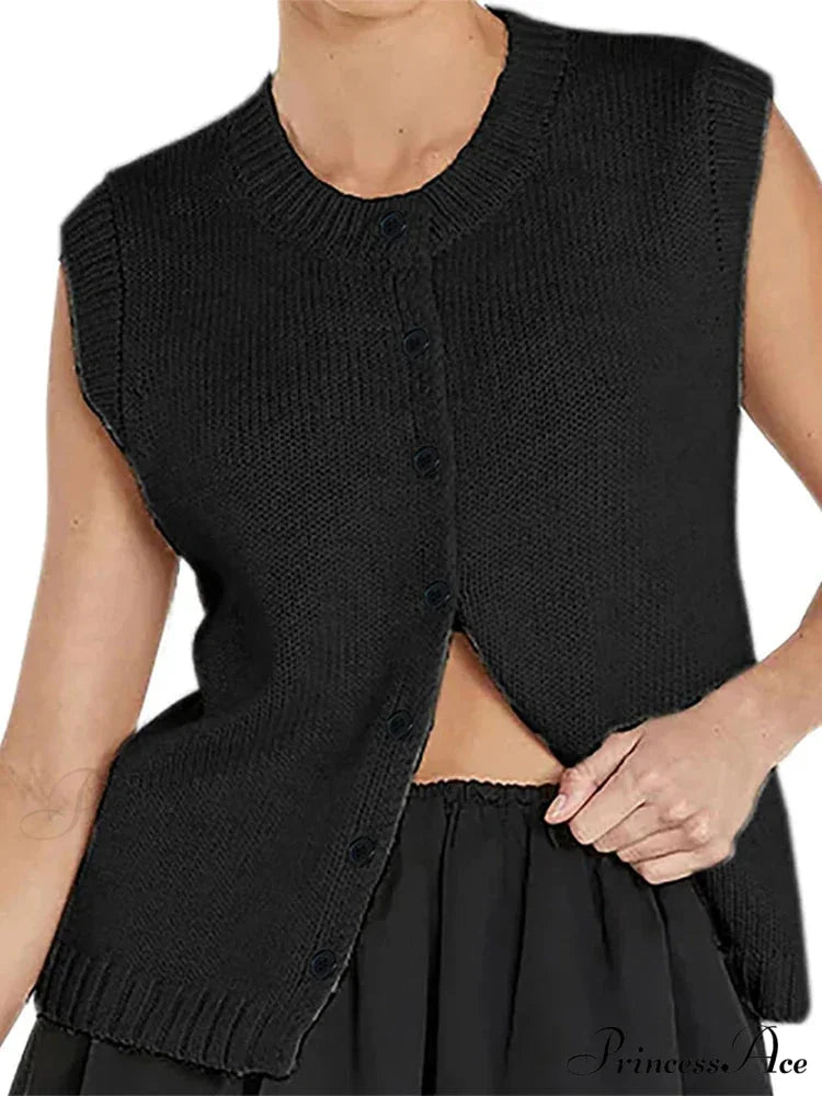 Informal Knitted Sleeveless Sweater Black / S cardigans-241228