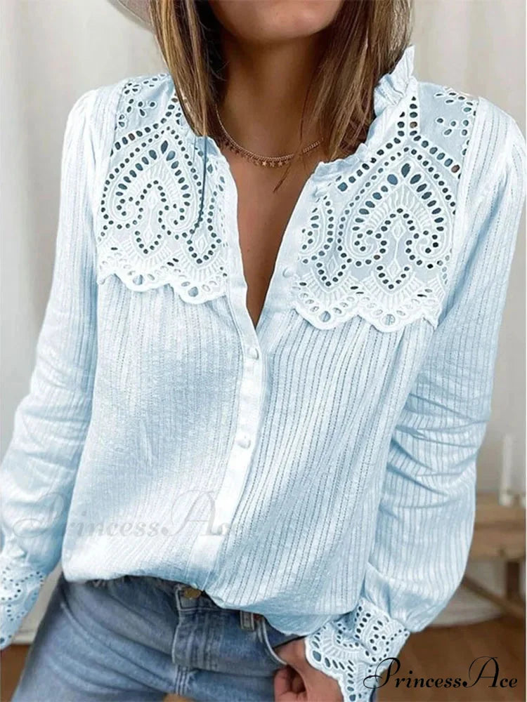 Informal Lace Round-neck Baggy Top Light Blue / S blouse-250126