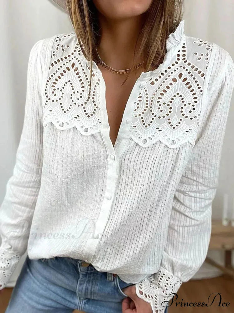 Informal Lace Round-neck Baggy Top WHITE / S blouse-250126