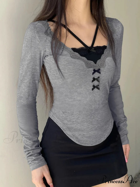 Informal Lace Trim Patchwork False 2 Piece Slim V-Neck Knit Top GRAY / S knittop-250126