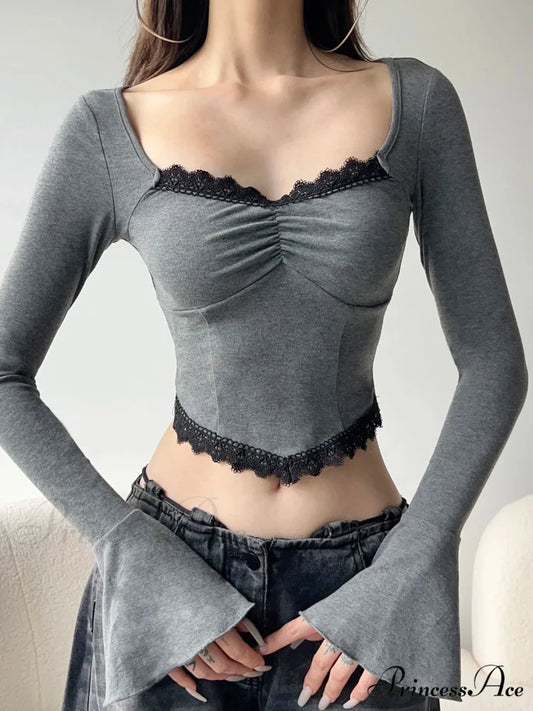 Informal Lace Trim Shortened Slim Square Neck Knit Top GRAY / S knittop-250126