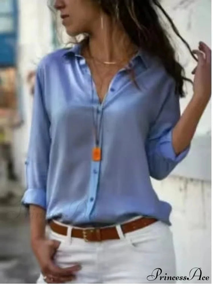 Informal Monochromatic Extended Sleeve Button Blouse Baby blue / S blouse-250126