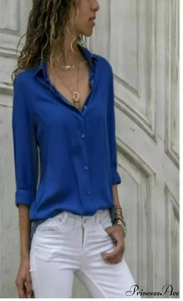 Informal Monochromatic Extended Sleeve Button Blouse Blue / S blouse-250126