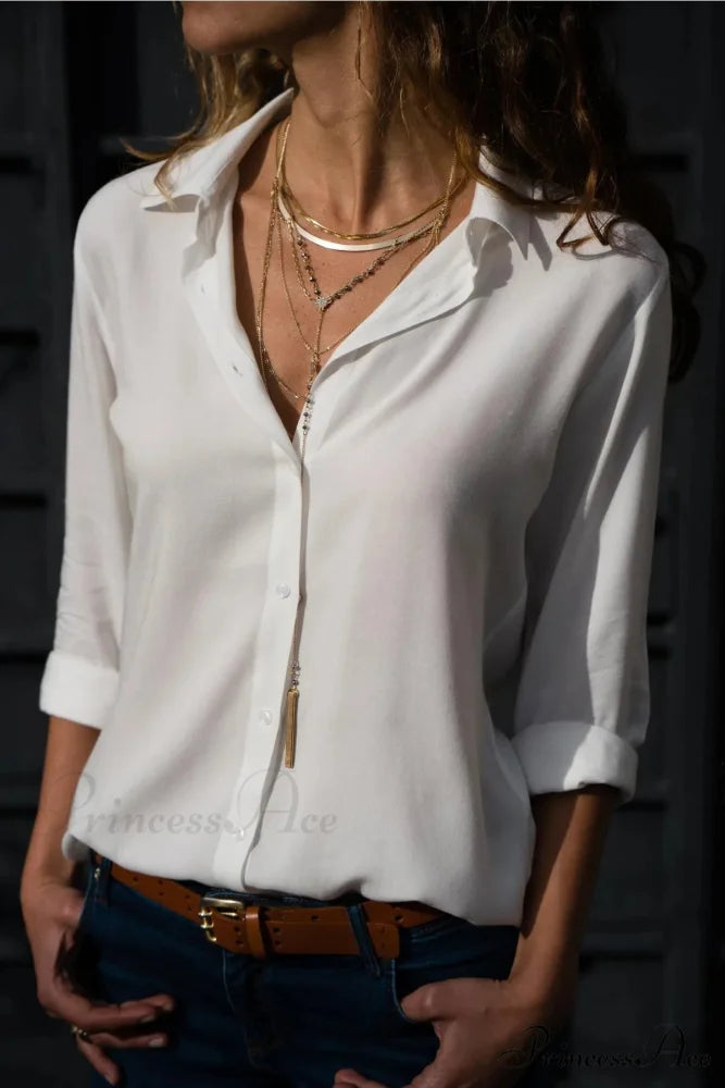 Informal Monochromatic Extended Sleeve Button Blouse White / S blouse-250126