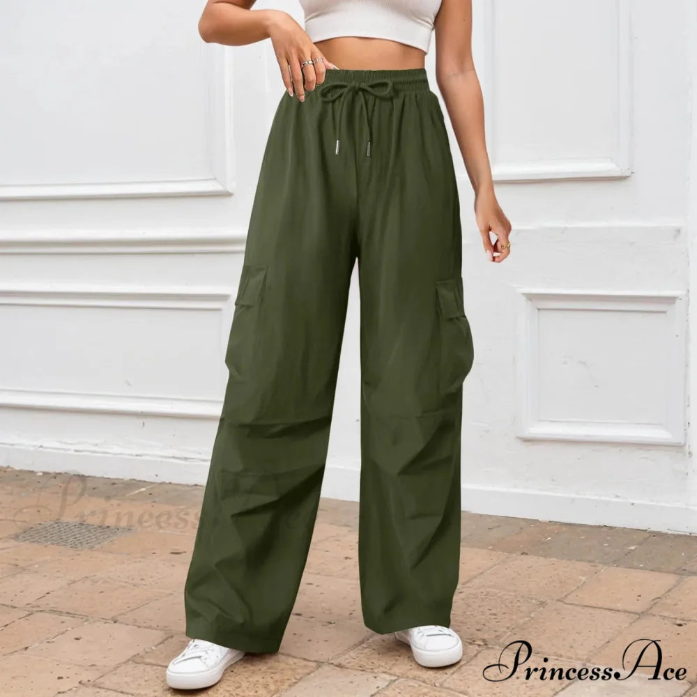 Informal Monochromatic Wide Leg Trousers Green / S pants-241228