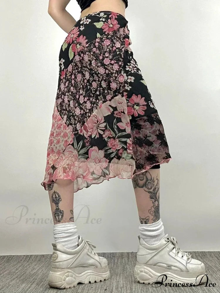 Informal Patchwork Flowery Straight Trim Mid-Rise Maxi Skirt Urban Wear skirt-250126