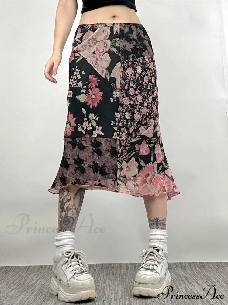 Informal Patchwork Flowery Straight Trim Mid-Rise Maxi Skirt Urban Wear Black / S skirt-250126