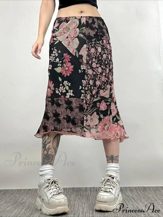 Informal Patchwork Flowery Straight Trim Mid-Rise Maxi Skirt Urban Wear Black / S skirt-250126