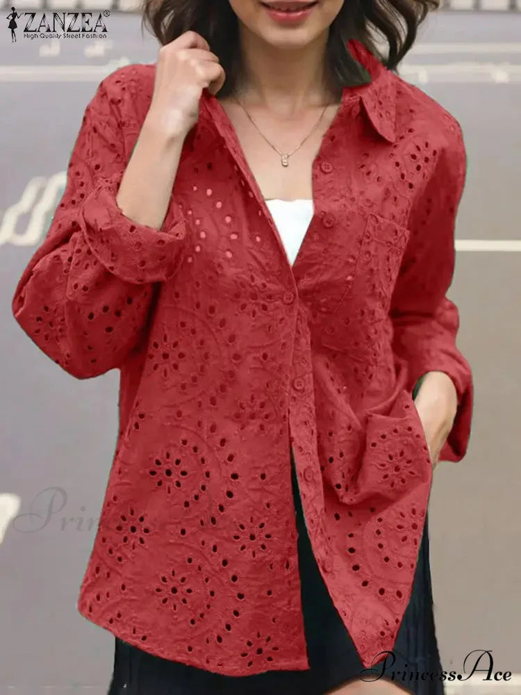 Informal Patchwork Fold-over Collar Stitched Blouse Red / S blouse-250126