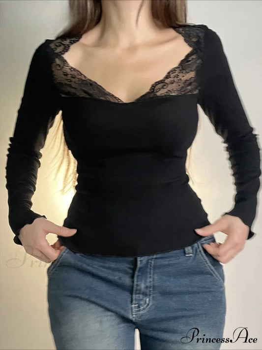 Informal Patchwork Lace Slender V-Neck Extended Sleeve Knit Top Black / S knittop-250126