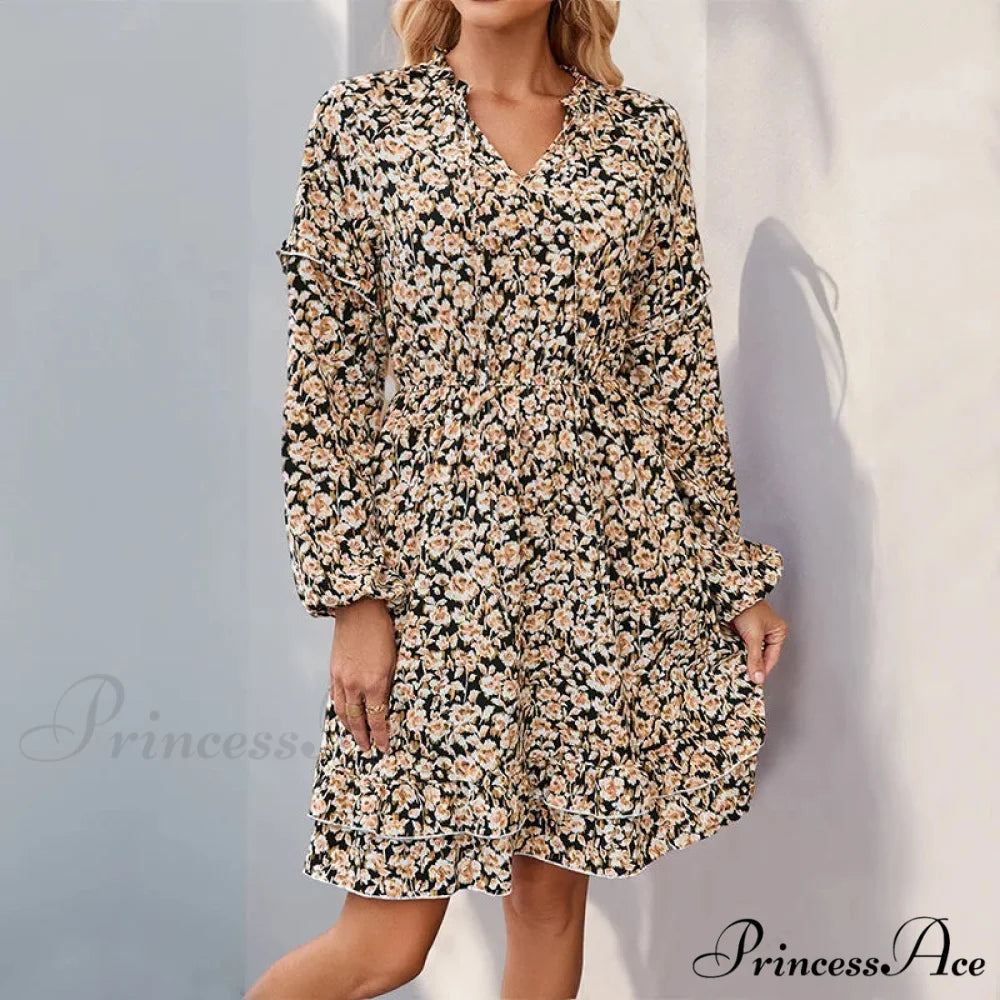 Informal Printed Extended Sleeve Flower Dress Black / S oldfloraldress-250126