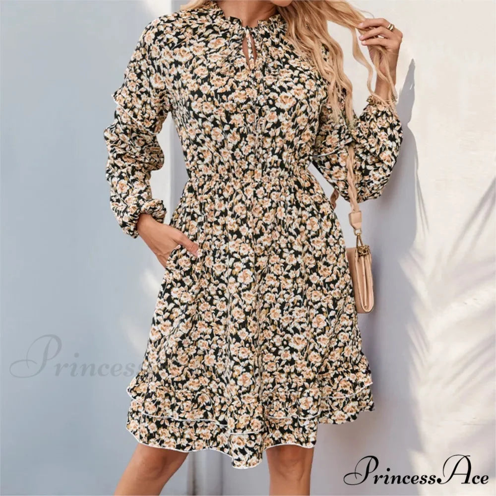 Informal Printed Extended Sleeve Flower Dress oldfloraldress-250126