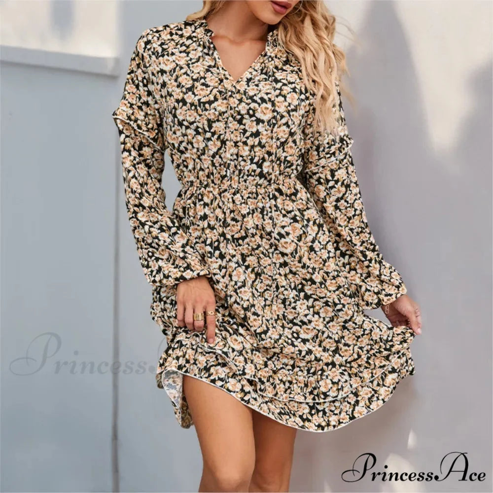 Informal Printed Extended Sleeve Flower Dress oldfloraldress-250126
