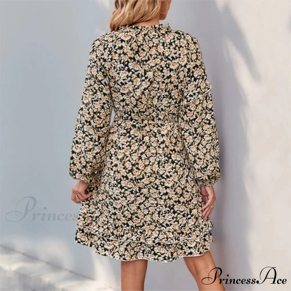 Informal Printed Extended Sleeve Flower Dress oldfloraldress-250126