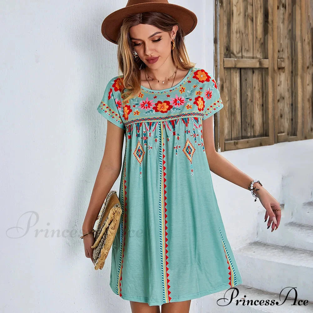 Informal round-neck Cotton Bohemian Dress Green / S bohodress-250126