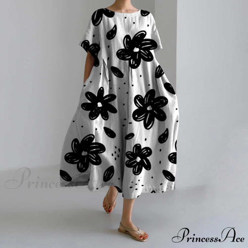 Informal Round Neck Flower Pattern Baggy Long Summer Dress black1 / S oldfloraldress-250126