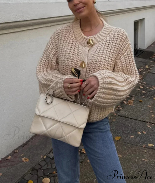 Informal Round Neck Lengthy Sleeve Pocket Cardigan milky white / S cardiagn-250126