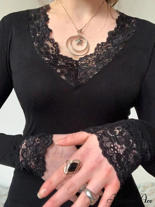 Informal Solid Lace Trim Slender V-Neck Knit Top knittop-250126