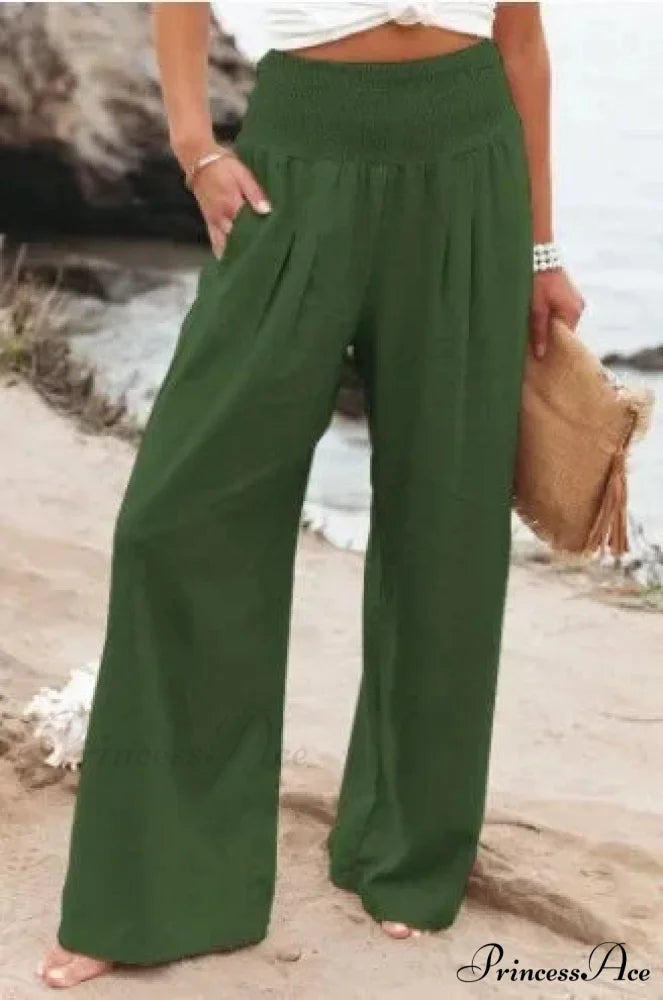 Informal Stretchy Waist Linen Broad Trousers Armygreen / S pants-241228