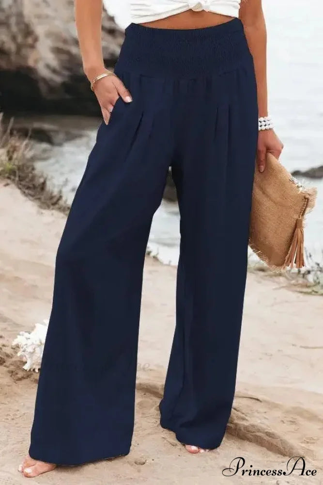 Informal Stretchy Waist Linen Broad Trousers Dark blue / S pants-241228