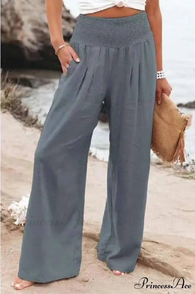 Informal Stretchy Waist Linen Broad Trousers GRAY / S pants-241228