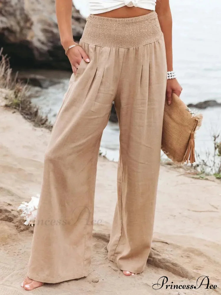 Informal Stretchy Waist Linen Broad Trousers Khaki / S pants-241228