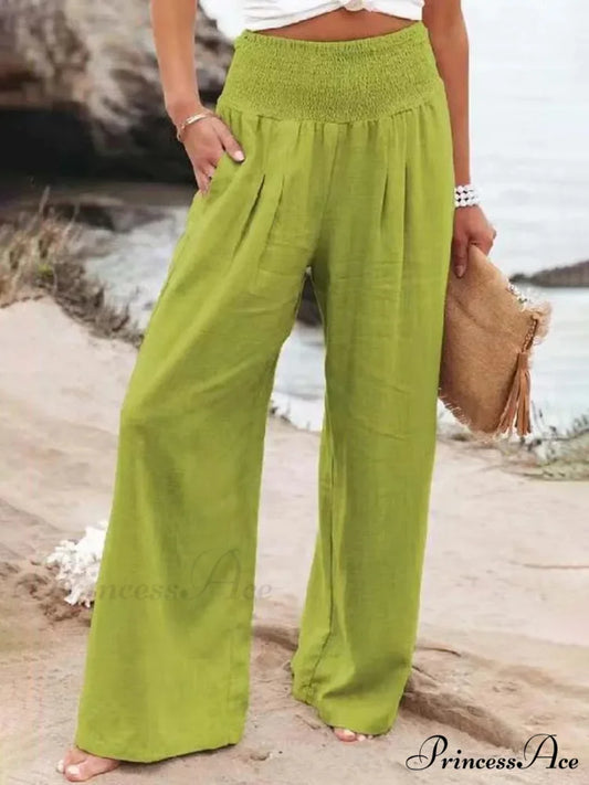Informal Stretchy Waist Linen Broad Trousers Light green / S pants-241228