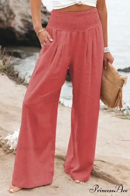 Informal Stretchy Waist Linen Broad Trousers Orange / S pants-241228
