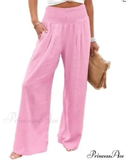 Informal Stretchy Waist Linen Broad Trousers Pink / S pants-241228