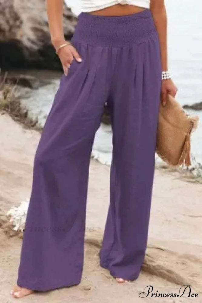 Informal Stretchy Waist Linen Broad Trousers PURPLE / S pants-241228