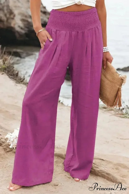 Informal Stretchy Waist Linen Broad Trousers Rose / S pants-241228