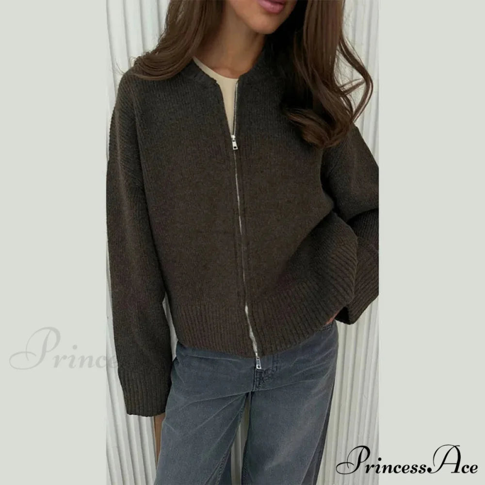Informal Strong Narrow Zipper Cardigan Dark brown / S cardigans-241228