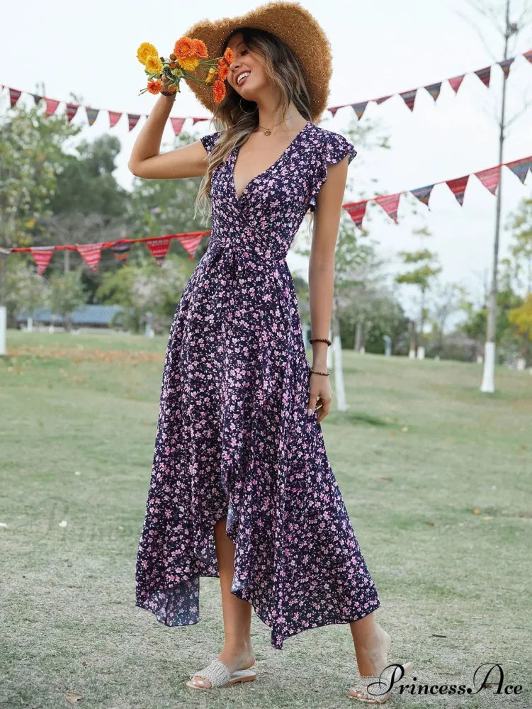 Informal Tailored Flower Pattern Dress Navy blue / S oldfloraldress-250126