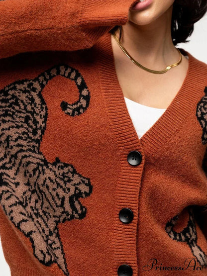 Informal Tiger Patterned Long Sleeve Cardigan cardigans-241228