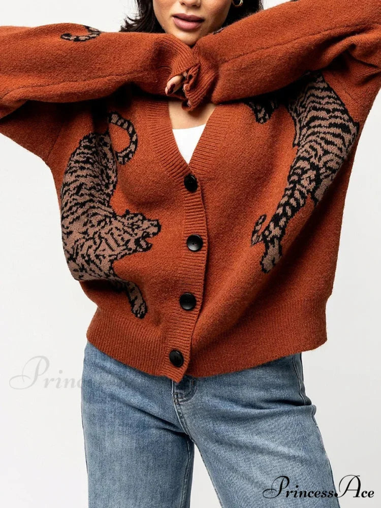 Informal Tiger Patterned Long Sleeve Cardigan cardigans-241228