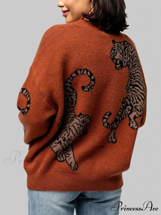 Informal Tiger Patterned Long Sleeve Cardigan cardigans-241228