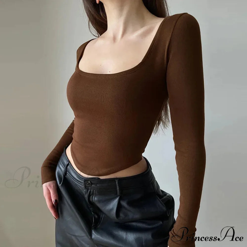 Informal U-neck Seductive Crop Brief Long Sleeve Knit Top Brown / S knittop-250126