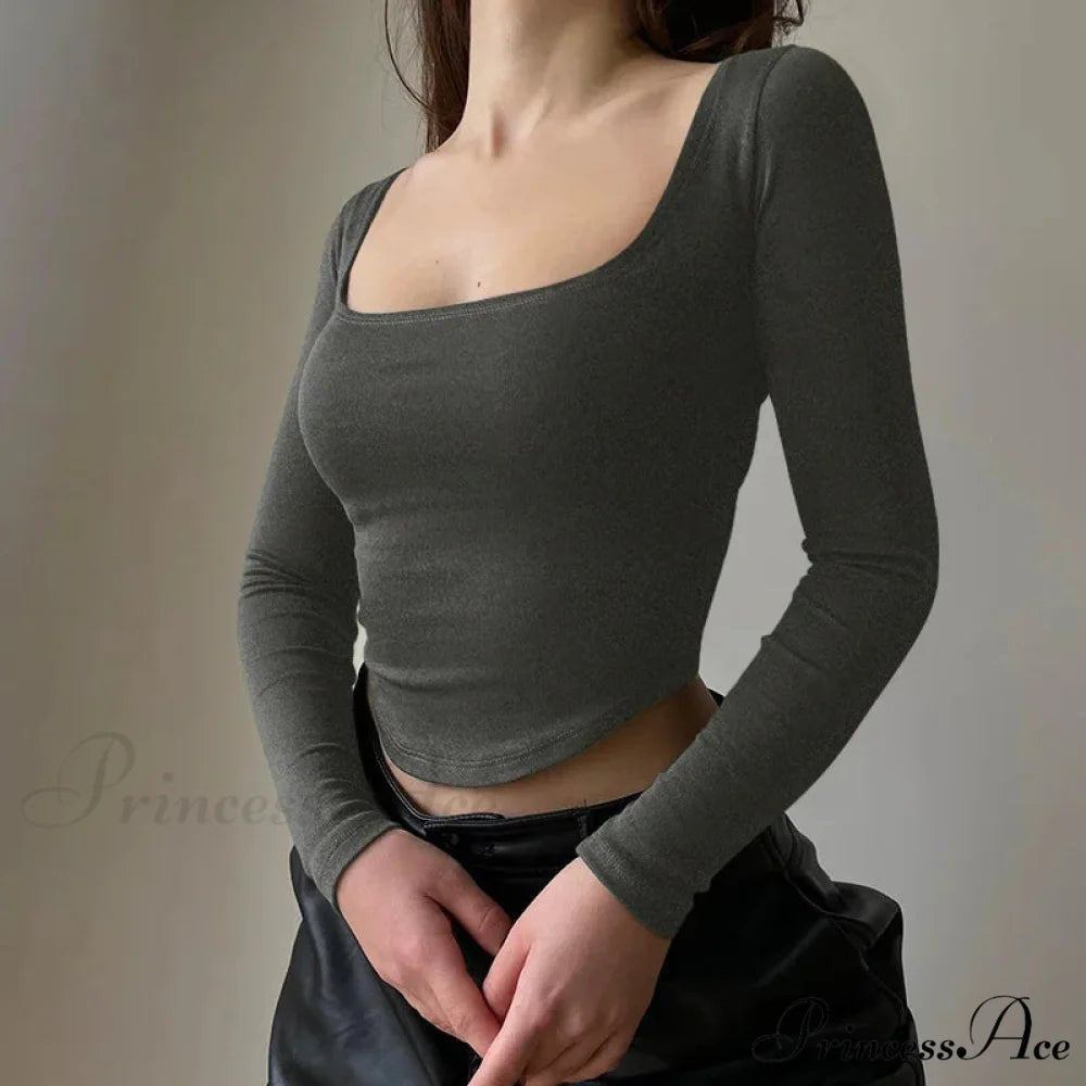 Informal U-neck Seductive Crop Brief Long Sleeve Knit Top GRAY / S knittop-250126