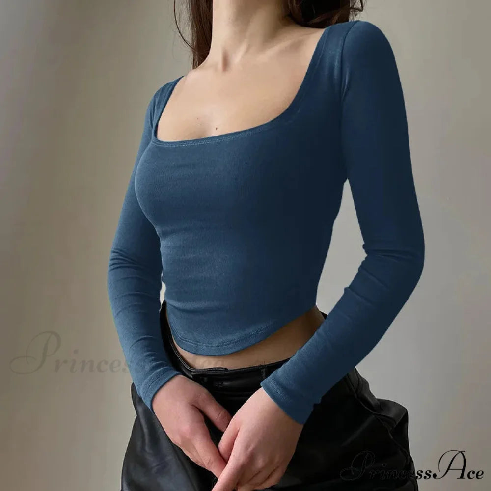 Informal U-neck Seductive Crop Brief Long Sleeve Knit Top Navy Blue / S knittop-250126